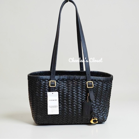 Coach Black Woven Leather Swing Tote Carryall Shoulder Bag Purse - Picture 3 of 13